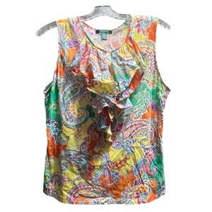 Lauren Ralph Lauren Paisley Sleeveless Ruffle‑Neck Top